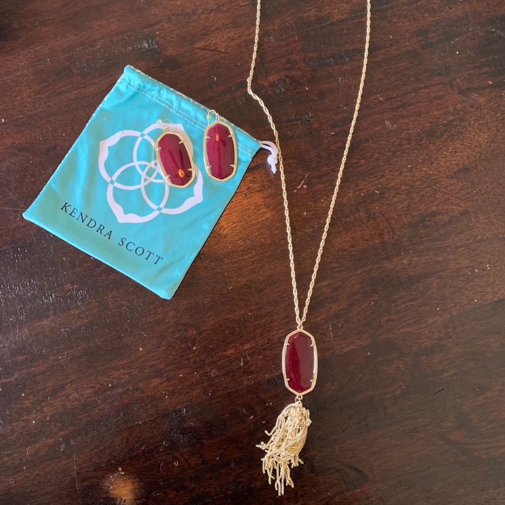 Kendra Scott Set Burgundy Earrings/Long Necklace